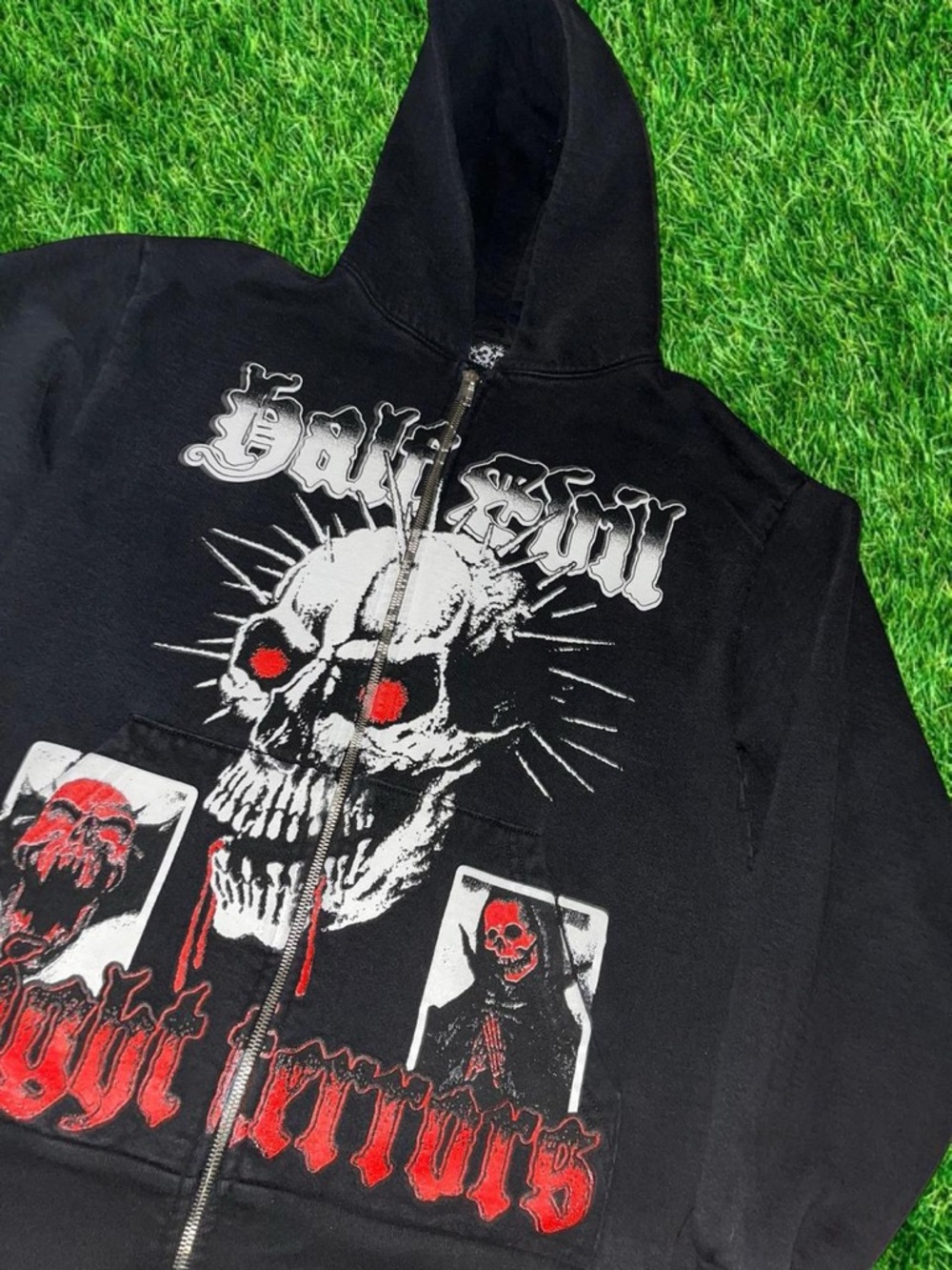 Men’s Half evil 333 Black Graphic Zip Hoodie with Red Skull Design